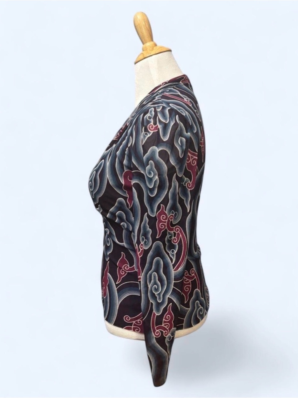 Vivienne Tam XS Vintage Y2K Mesh Sheer Abstract Print Stretch Long Sleeve Blouse - Picture 3 of 7